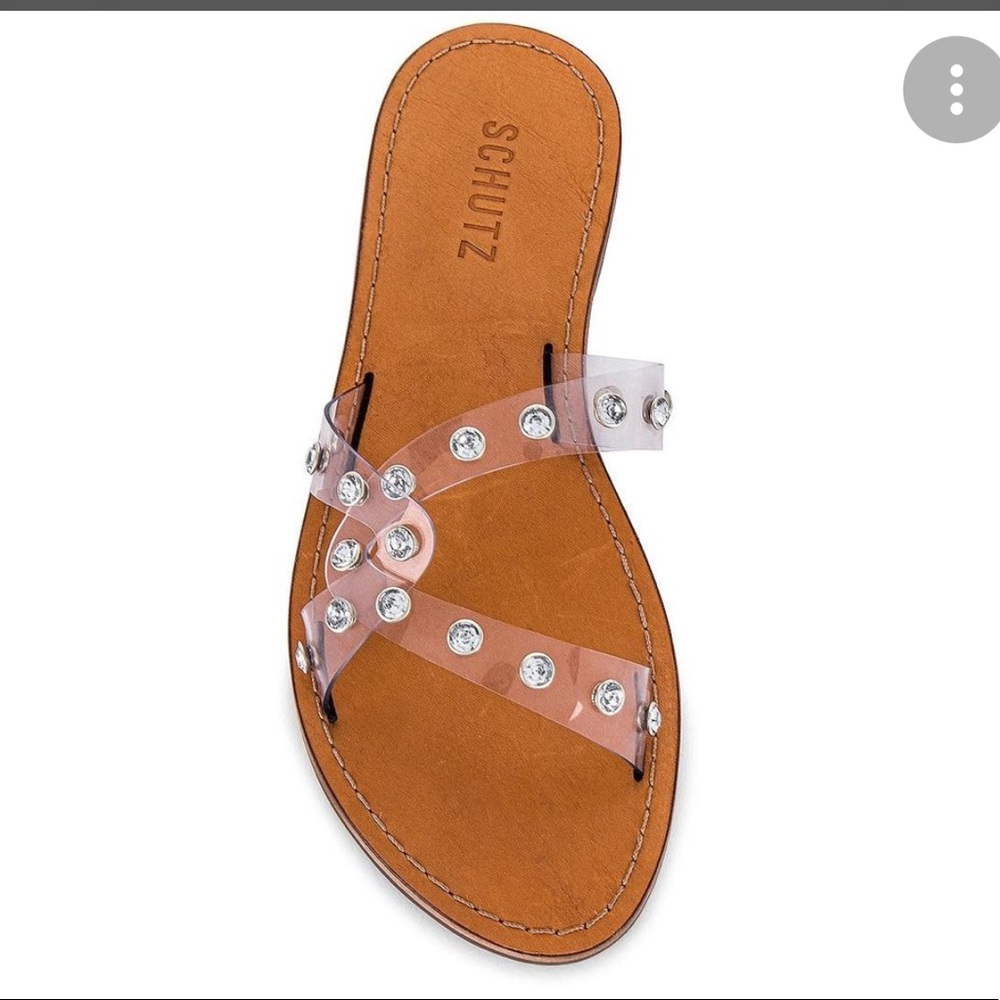 Schutz Size 8.5 Brown Cathryn Transparent Jeweled‎ Strap Slip on Sandal Shoe